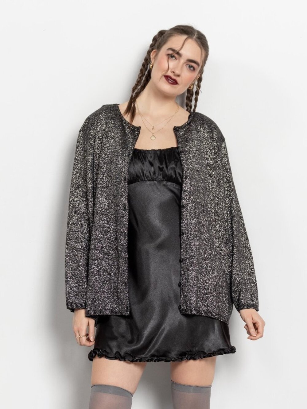 SILVER METALLIC CARDIGAN Stretchy Vintage Sweater / Xl